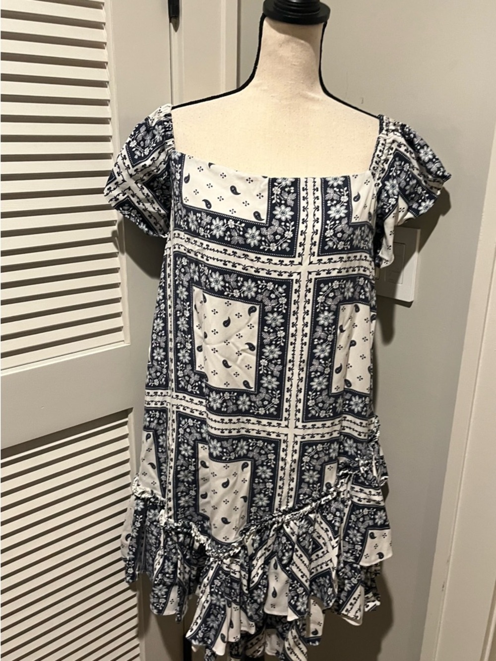 cinq a sept Navy and White Patchprint Square-Neck Ruffle Mini Dress